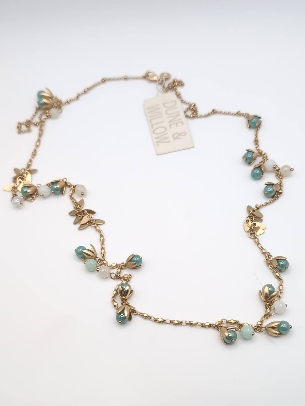 Dune & Willow Delicate Gold-Tone Necklace with Aqua & White Petal Beads NWT $68